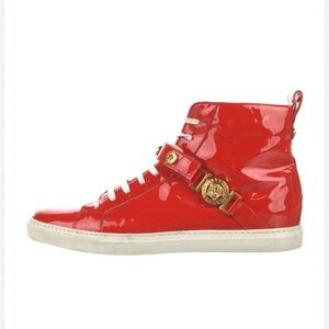 Versace Glossy Red High-Top Sneakers with Gold Accents